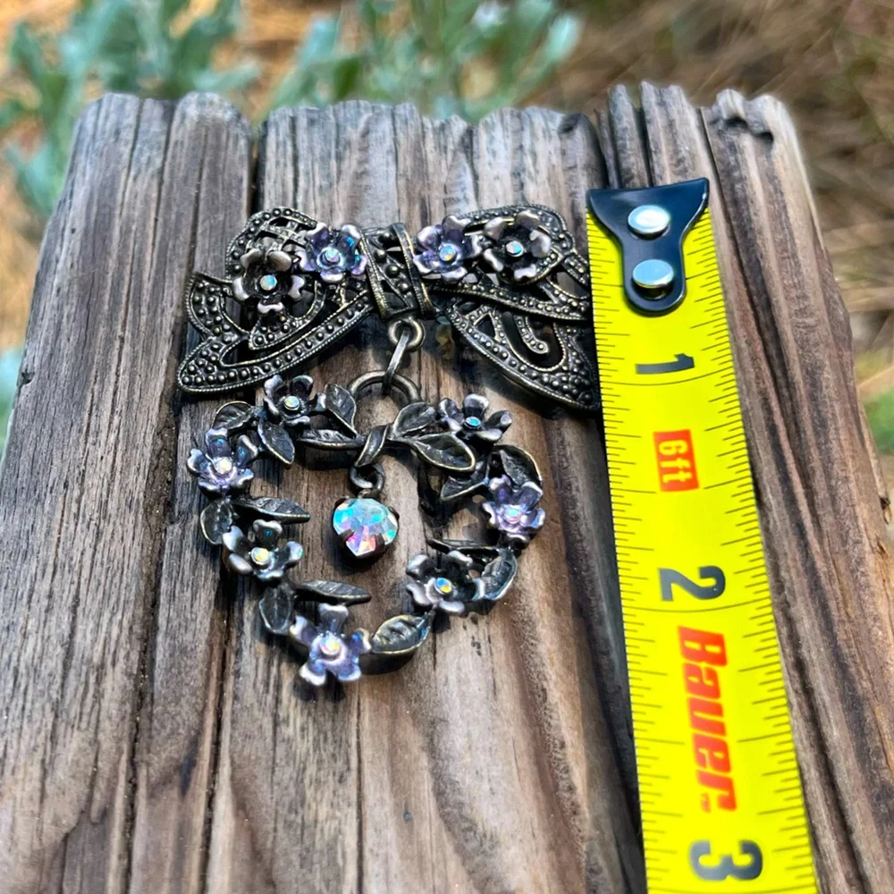Vintage Bow Heart Brooch Floral Rhinestone Cottagecore Romantic Pin